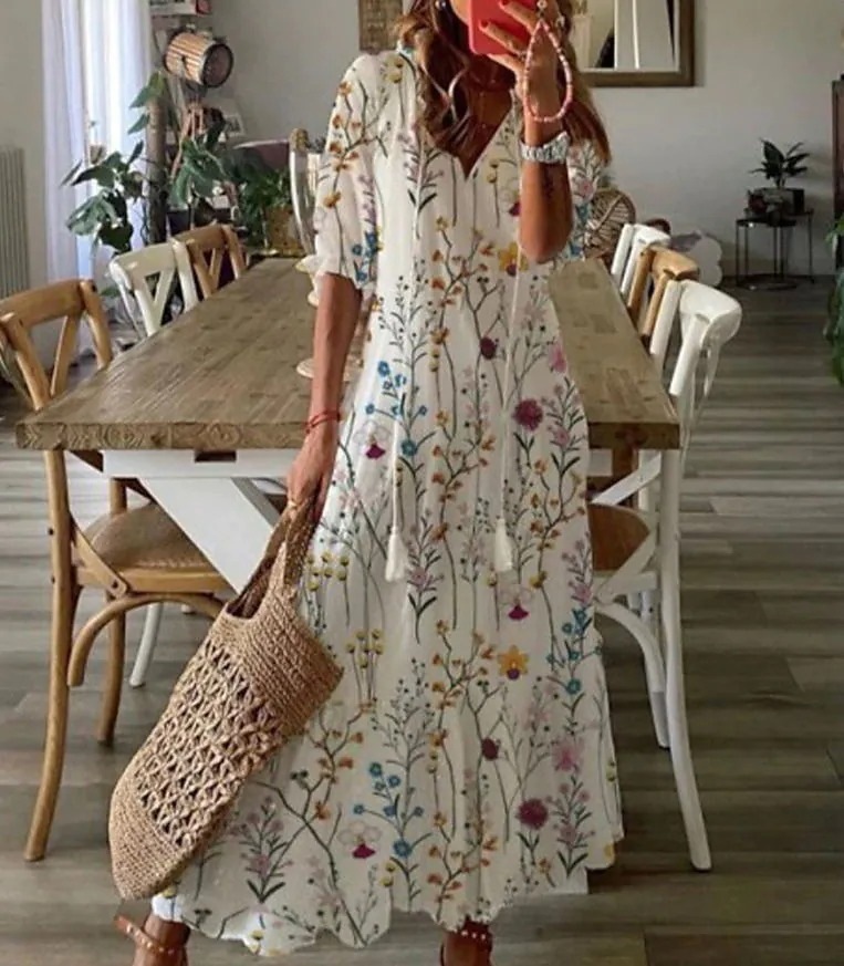 Casual Sweet Loose V-Neck Printed Fringe Midi Dress