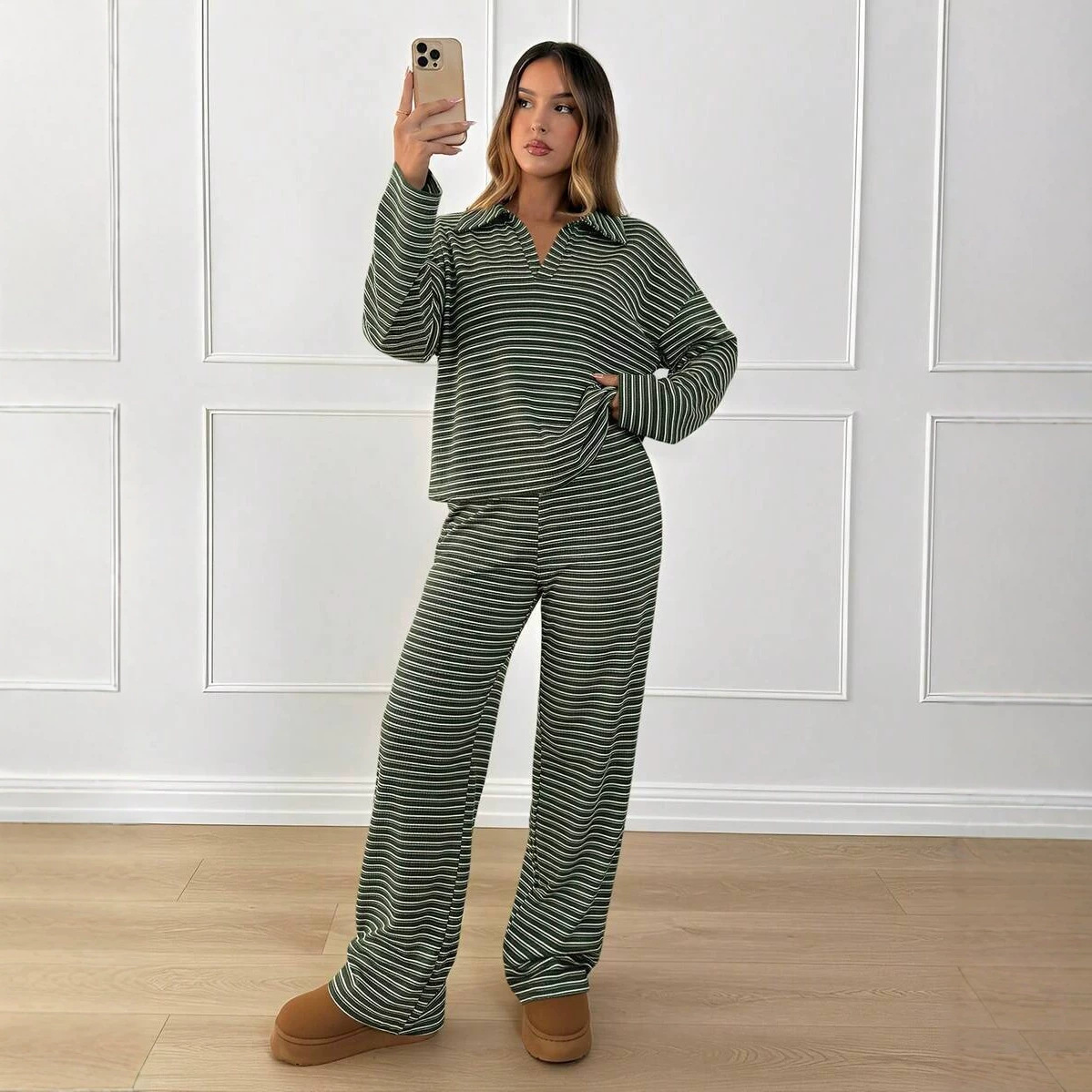 Color-Block Striped Collared Long-Sleeve Top & Wide-Leg Pants Loungewear Set