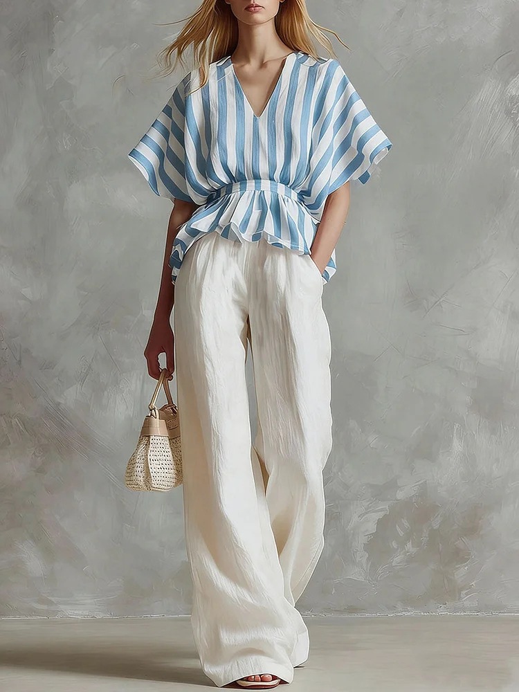 Red and White Striped Top with White Wide-Leg Pants Two-Piece Set