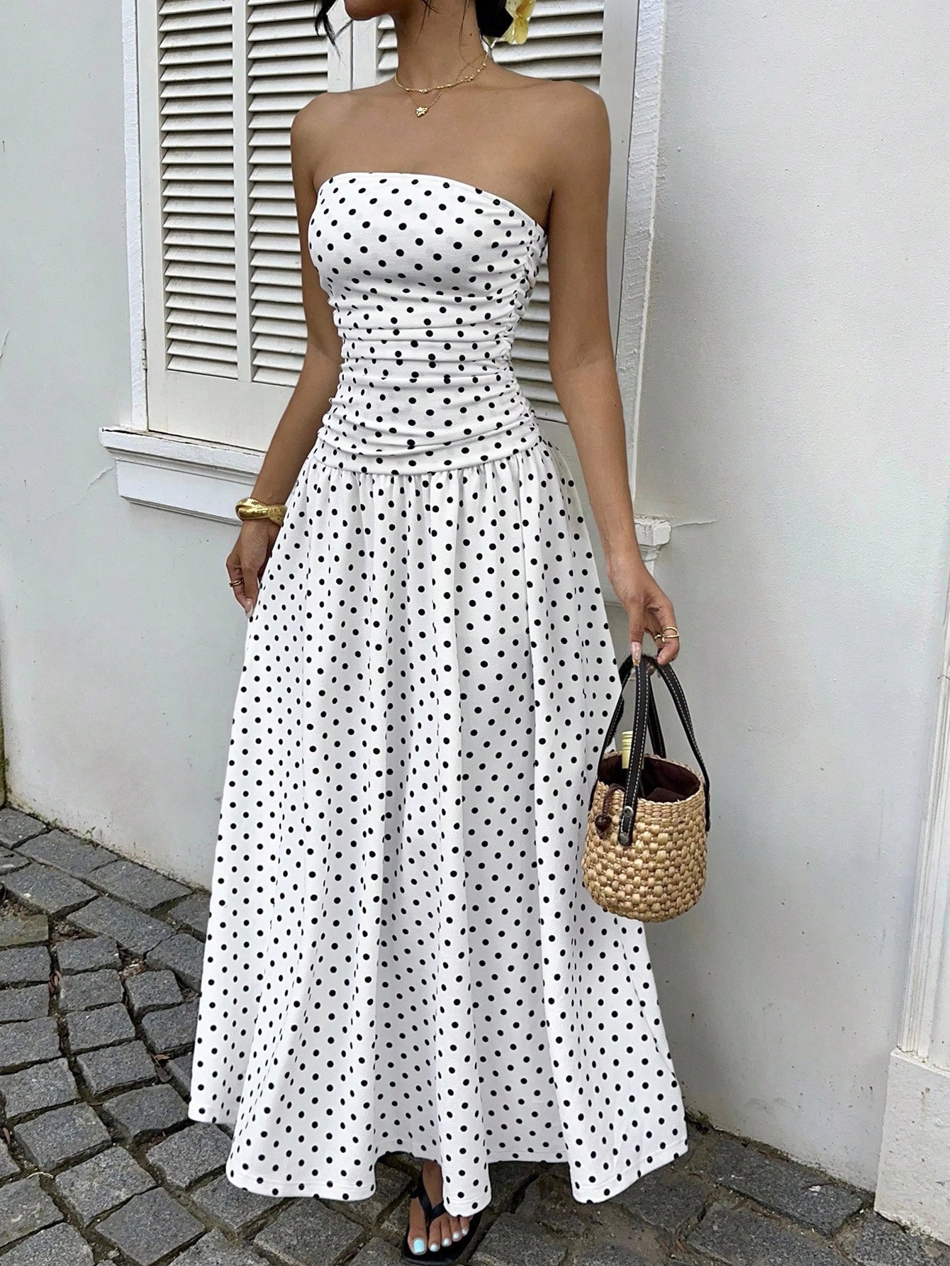 Sexy Off-Shoulder Polka Dot A-Line Dress with Waist-Cinching
