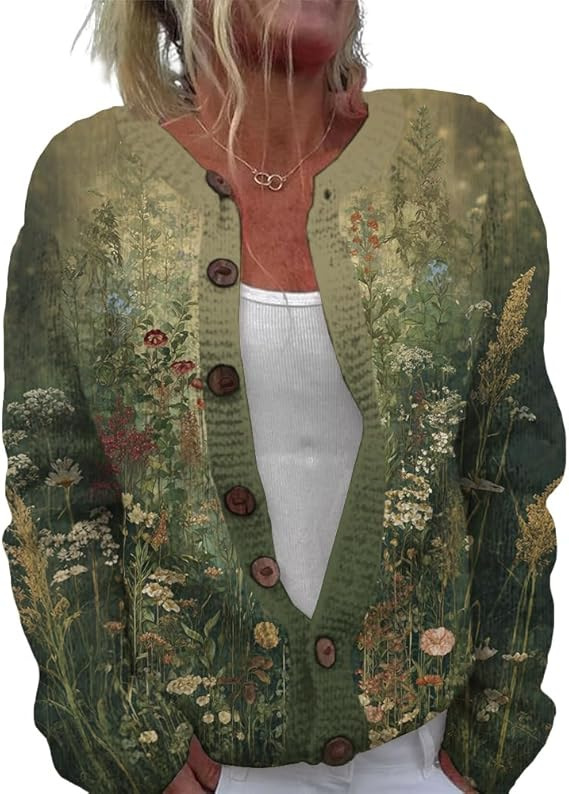 Women's Floral Leopard Snowflake Leaf Print Button Cardigan Sweater
