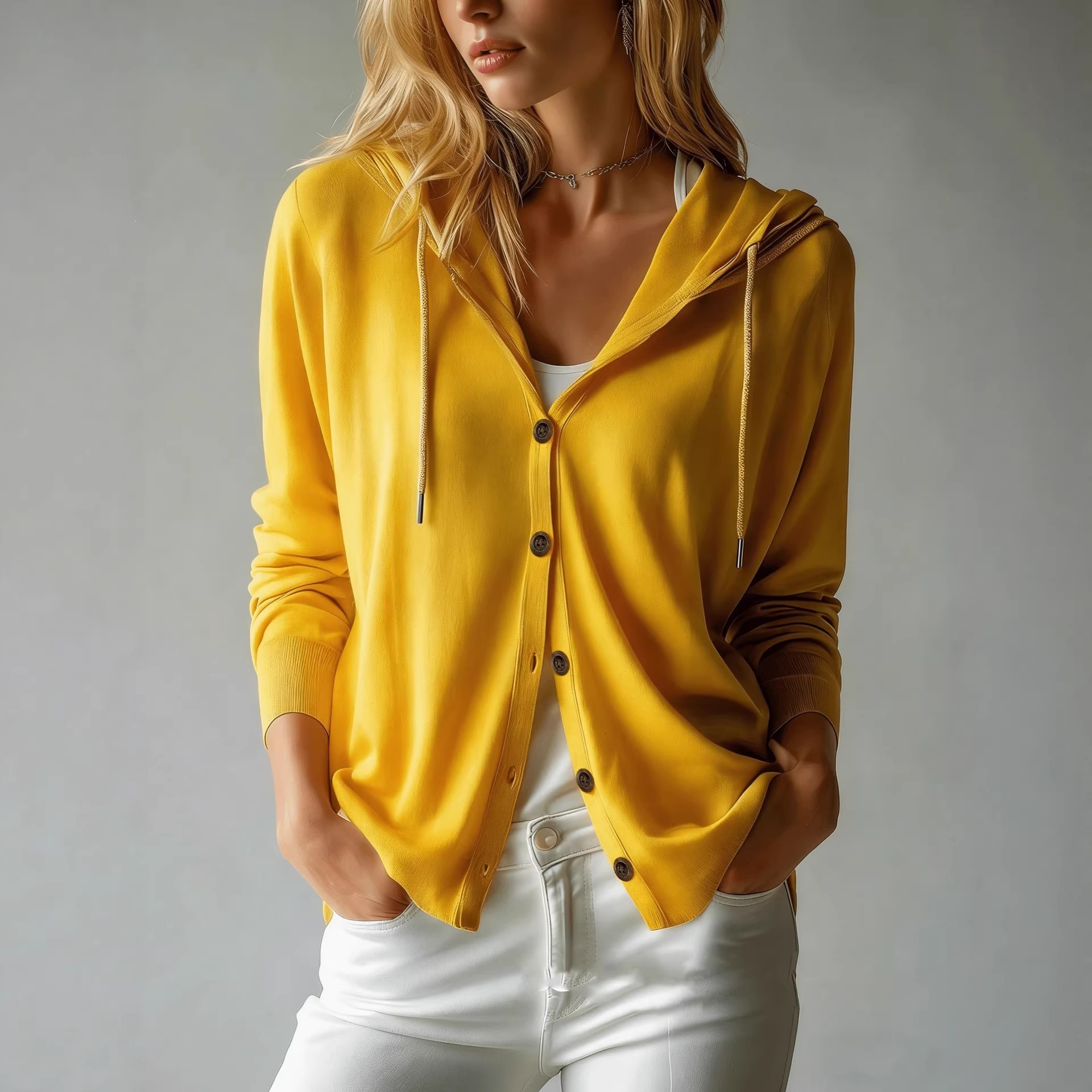 Women's Hooded Knit Cardigan Sweater Solid Color Long Sleeve Loose Fit