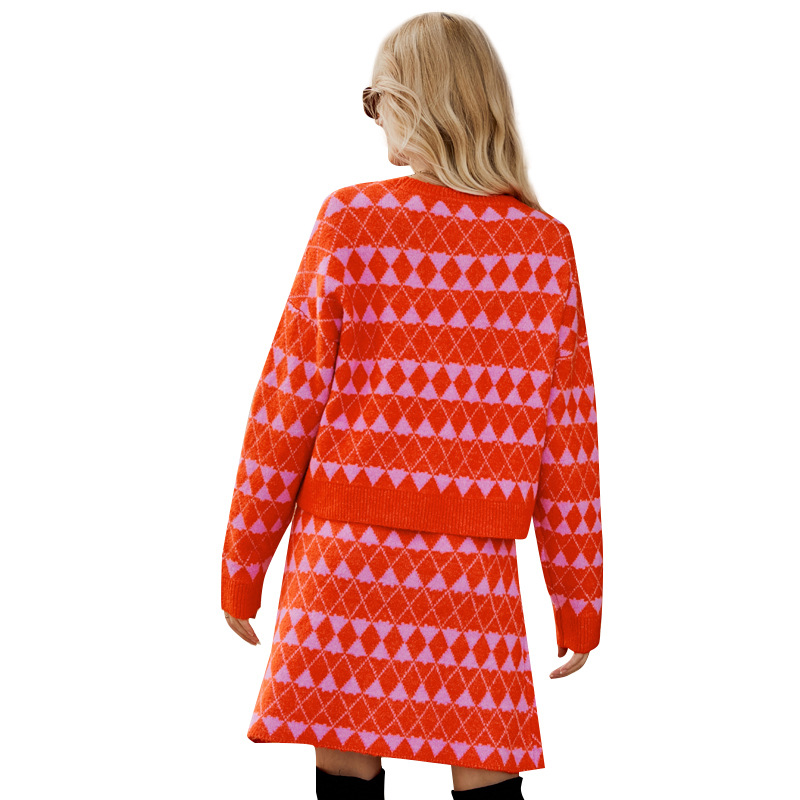 V-Neck Cardigan Knit Set with A-Line Skirt Jacquard Two-Piece