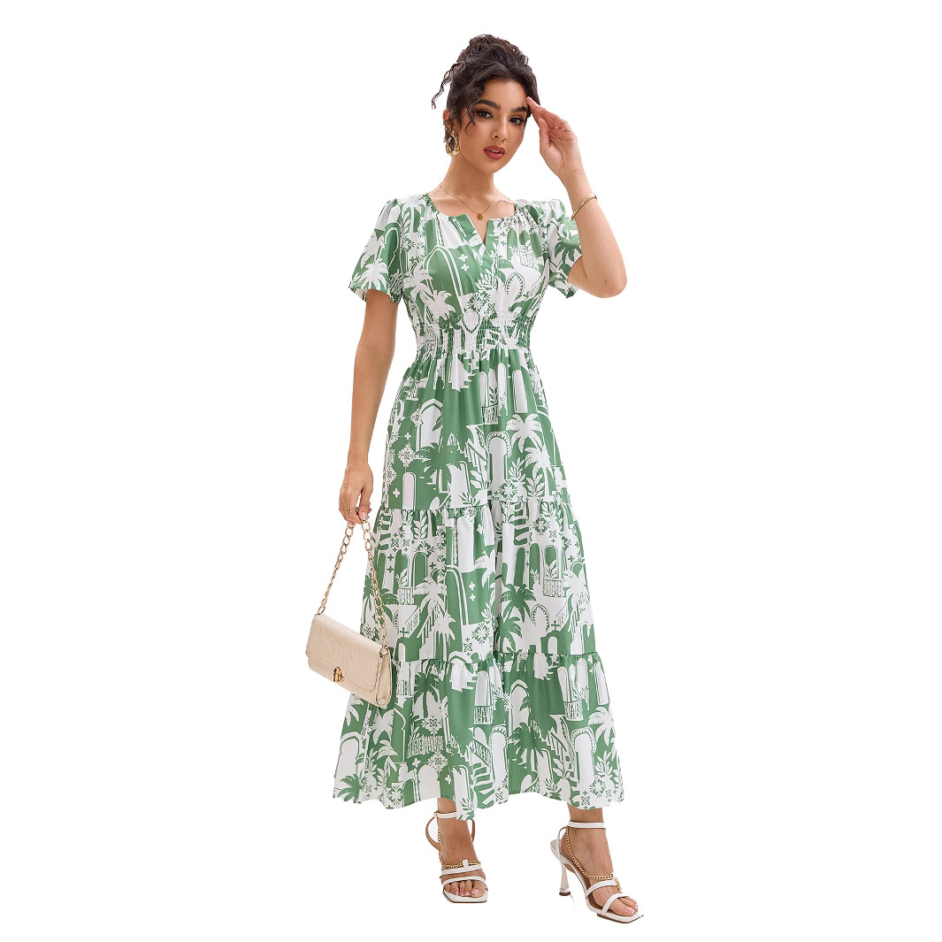 Floral Geometric Print V-Neck Bubble Sleeve Cinched Waist Layered Dress