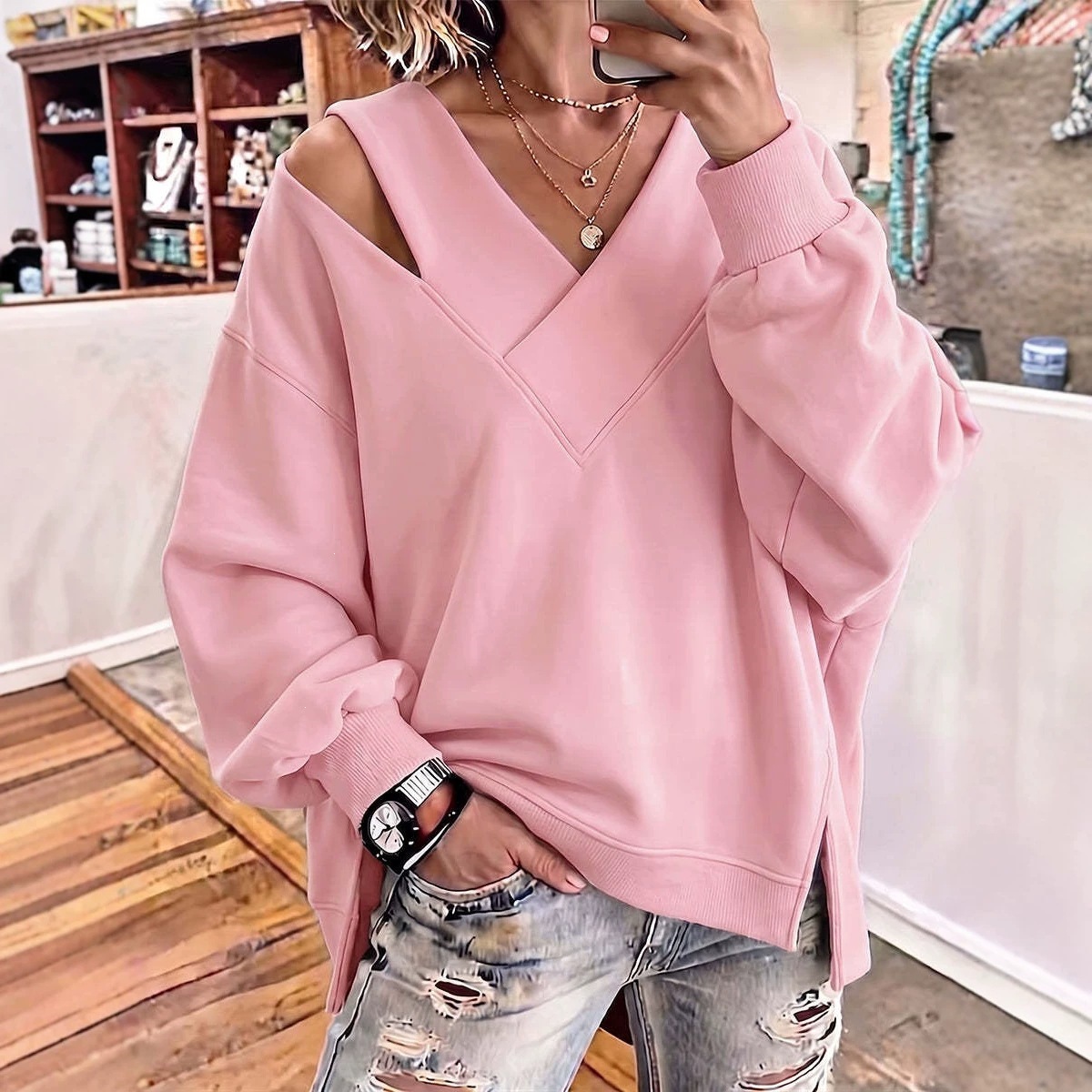 Women's Solid Cross-Neck Long-Sleeve Loose Sweatshirt