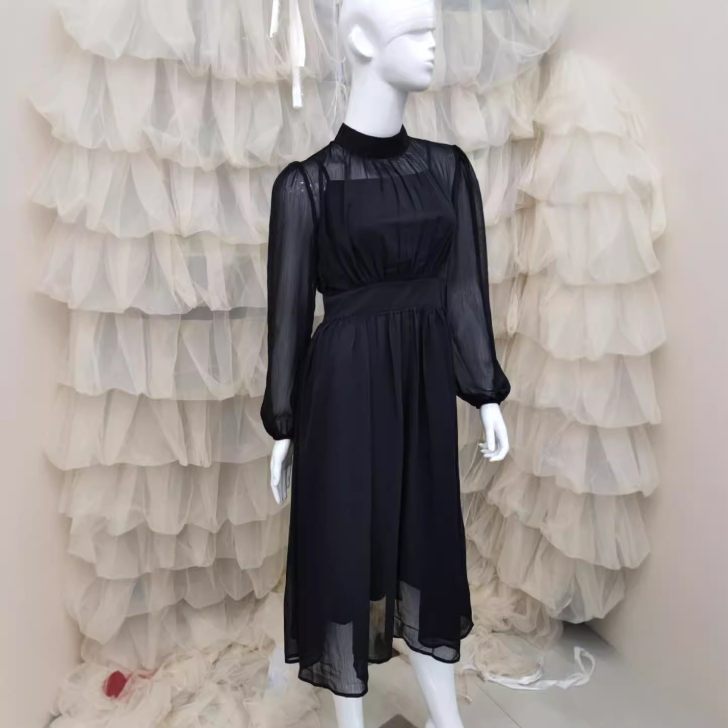 Women's Long Sleeve Round Neck A-Line Midi Dress Slim Fit Black