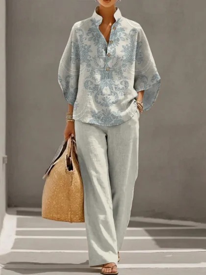 Women's Polka Dot Floral Print Long Sleeve Button-Up Top Set