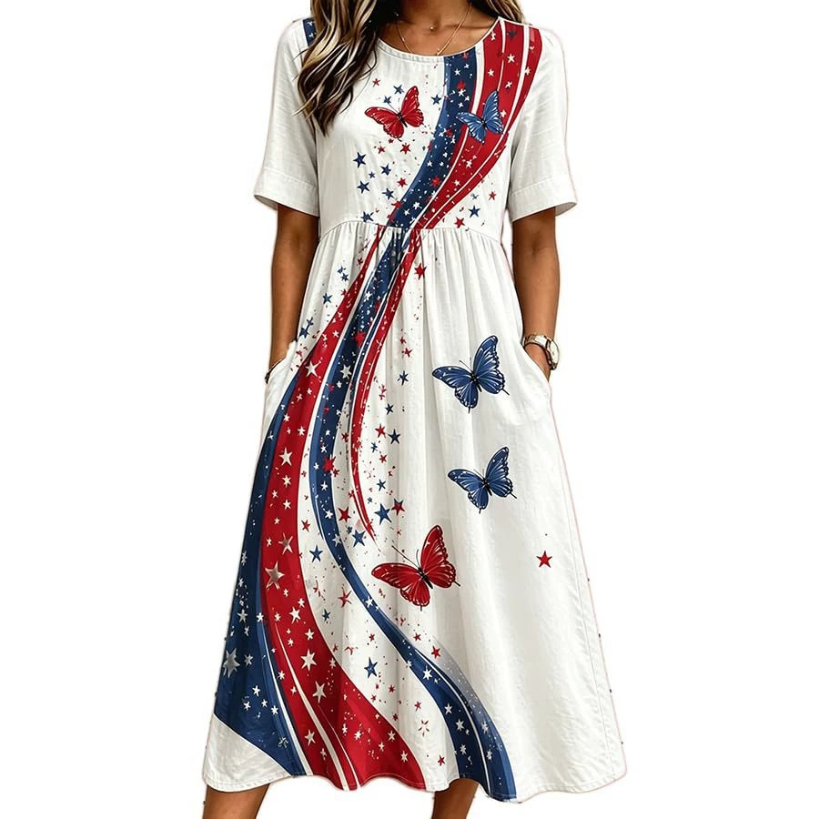 Women's Elegant Butterfly Line Print Pleated Midi Dress