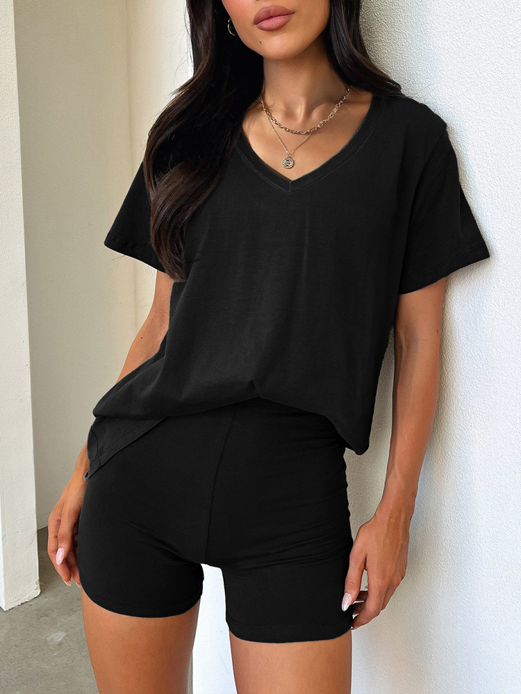 Women's V-Neck Short Sleeve Solid Color Casual Two-Piece Set