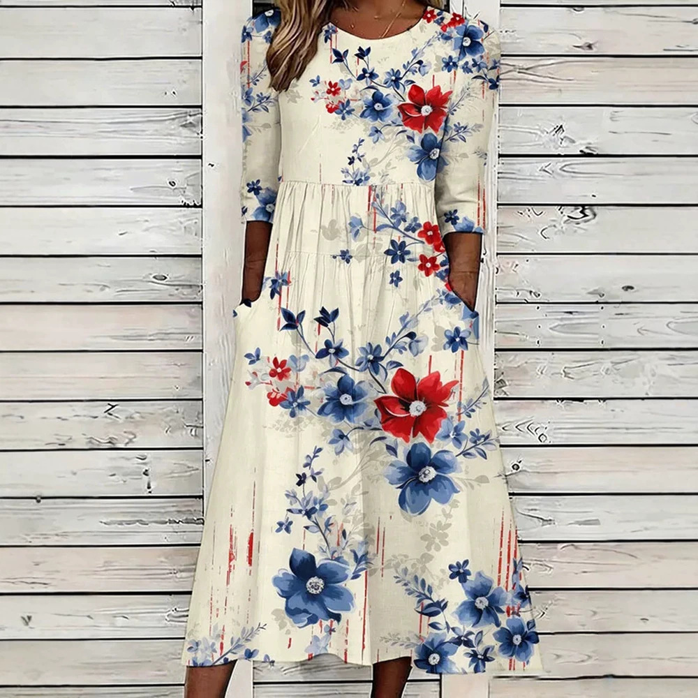 Women's Floral Print Ruched Bodycon Midi Dress Sleeveless Crew Neck