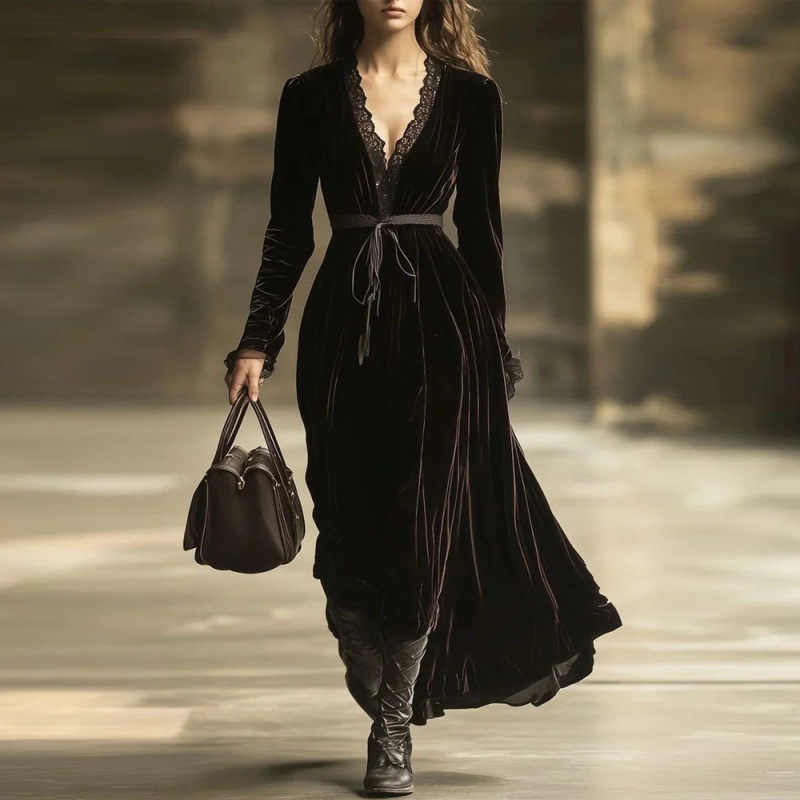 French Vintage Velvet V-Neck Slip Dress