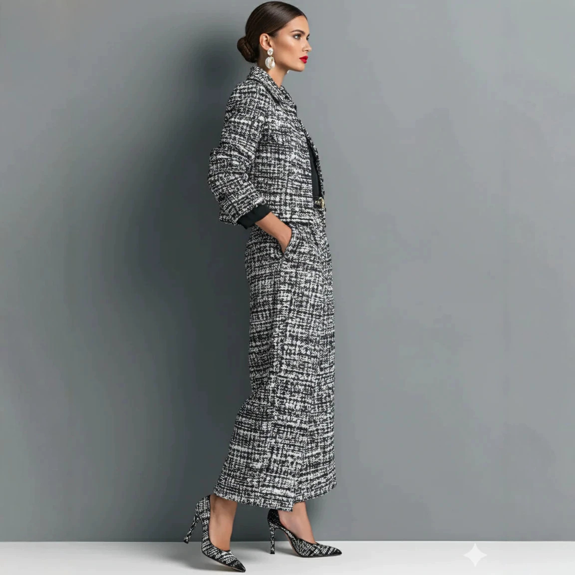 Women's Collared Slim-Fit Long-Sleeve Cropped Jacket and Wide-Leg Pants Set