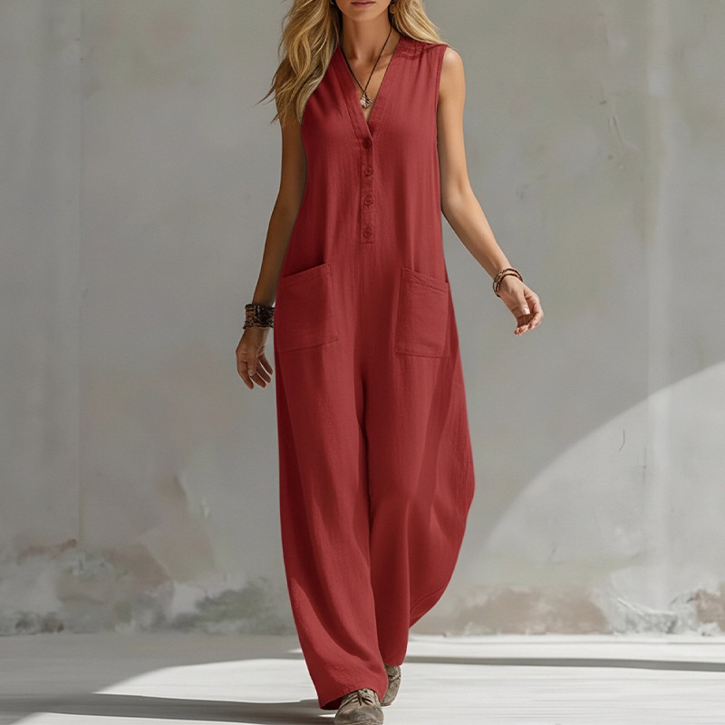 Women's Sleeveless V-Neck Wide-Leg Jumpsuit Solid Color