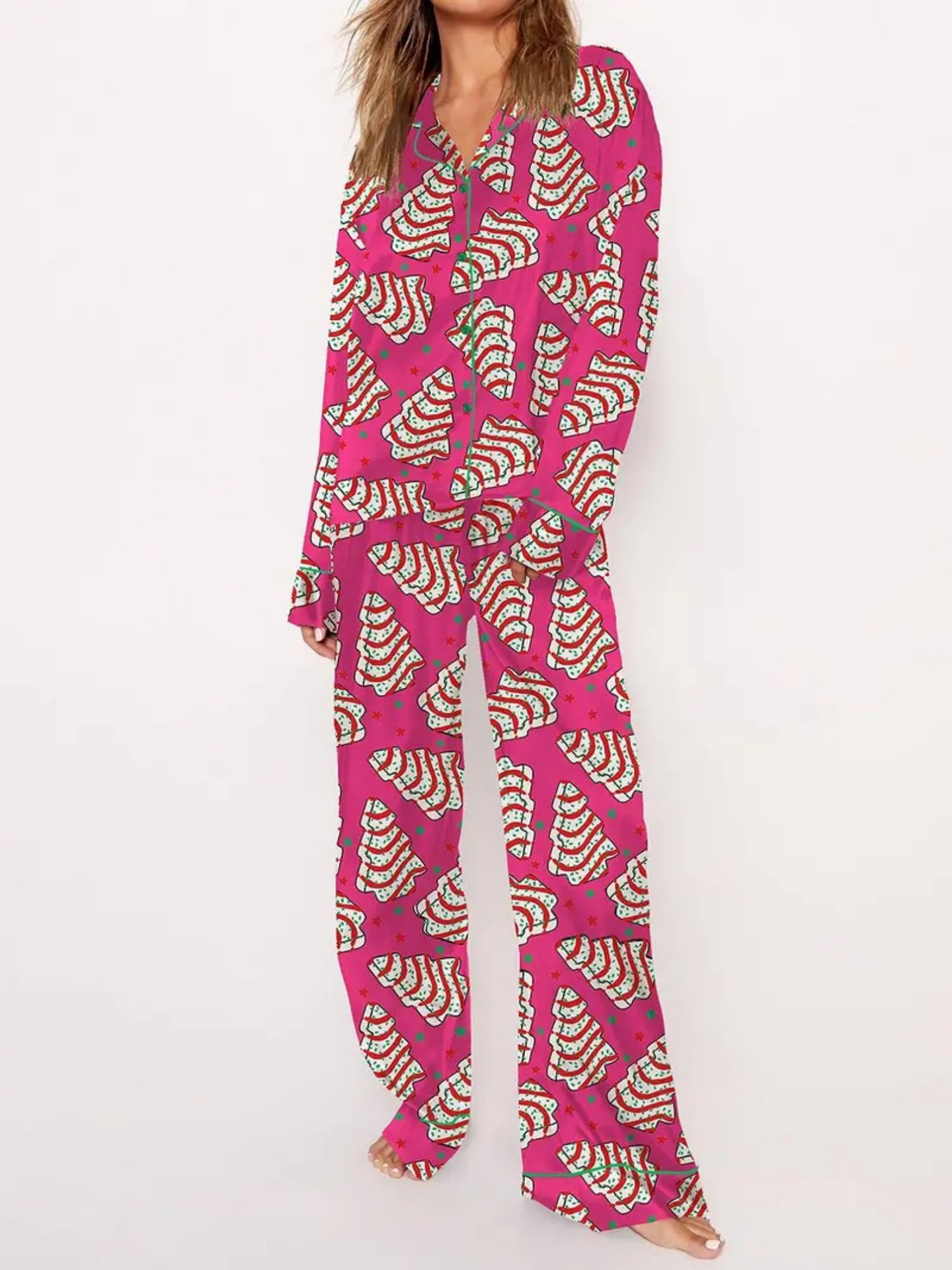 Christmas Tree Print Cuban Collar Long Sleeve Women's Set