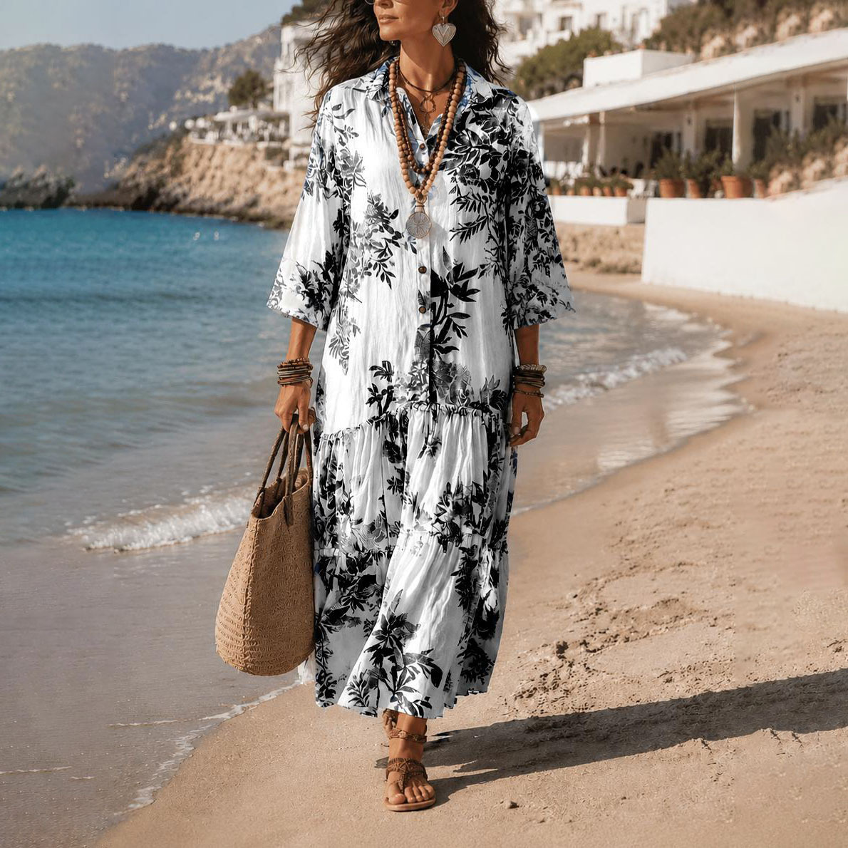 Women's Boho Floral Print Long Sleeve Collared Shirt Dress