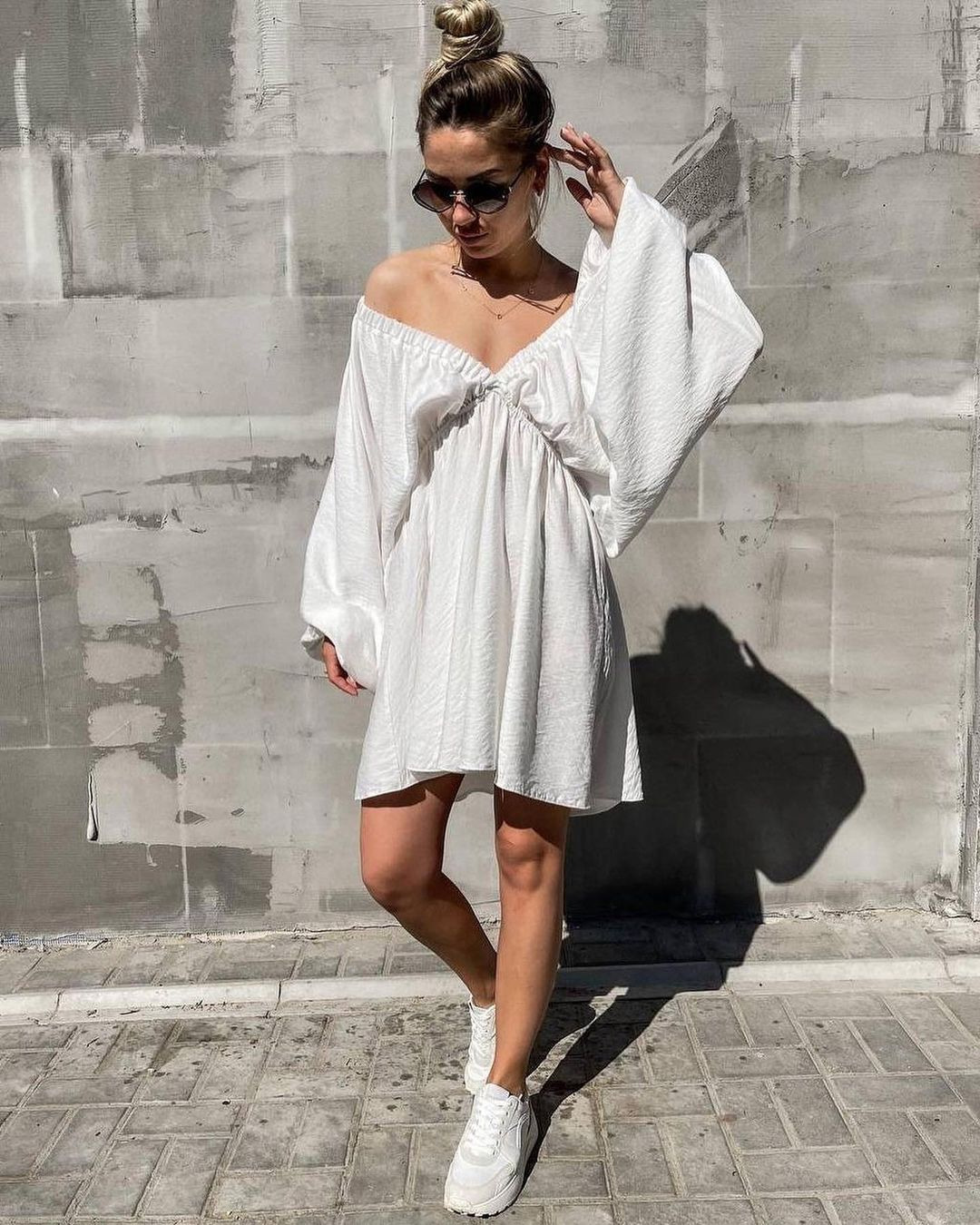 V-Neck Long Sleeve Bubble Sleeve Flared Dress