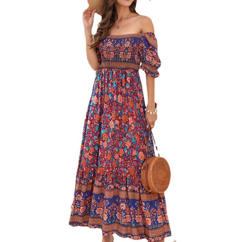 Boho Off-Shoulder Puff Sleeve Maxi Dress