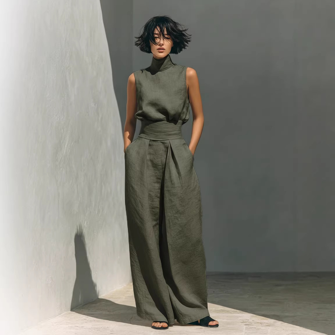 Solid Color Cotton-Linen Blend Sleeveless Top and Wide-Leg Pants Set