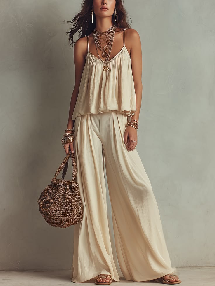 French Square-Neck Cami & Wide-Leg Pants Two-Piece Set