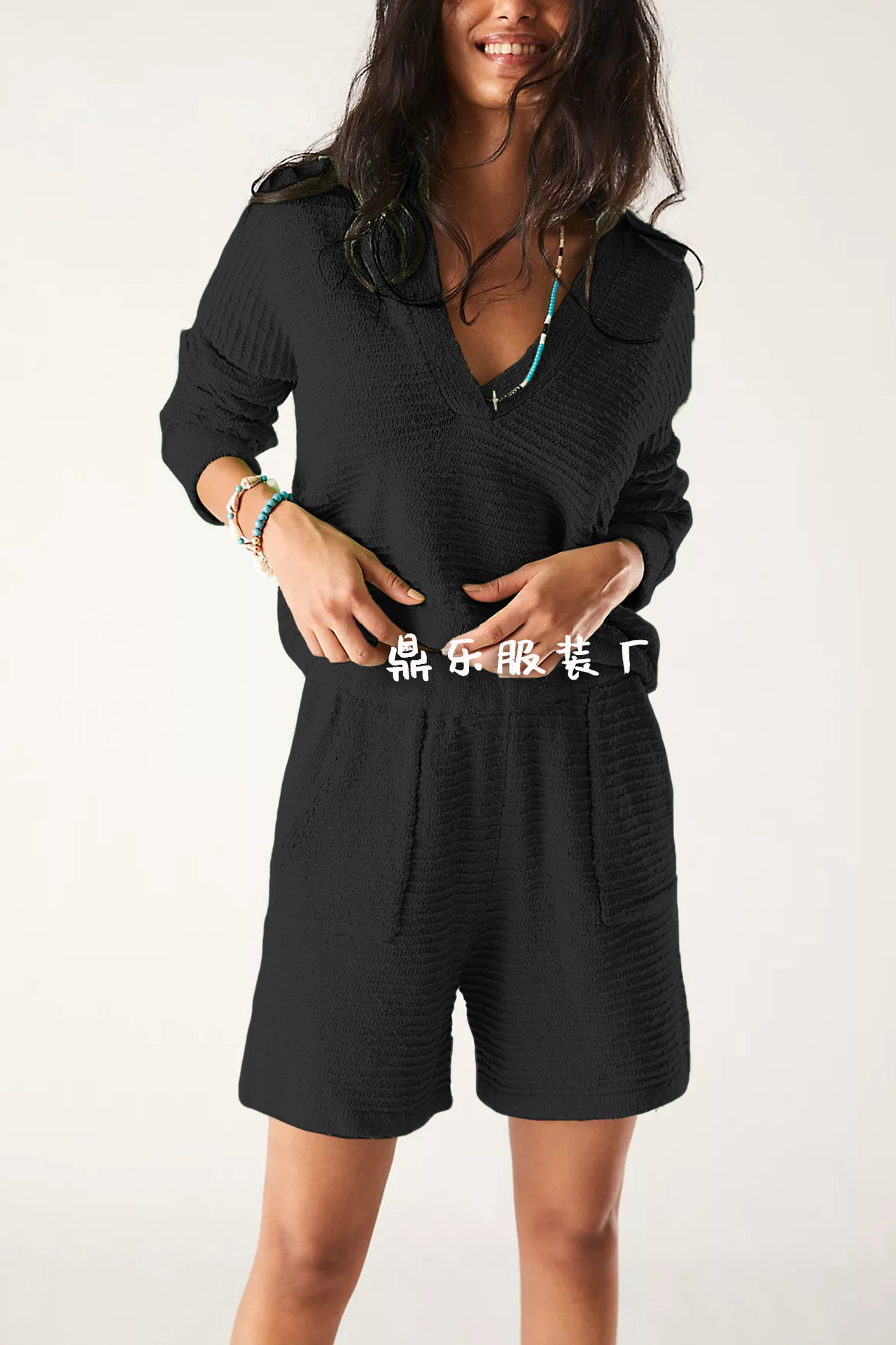 Women's Loose Knit Long Sleeve & Shorts Set