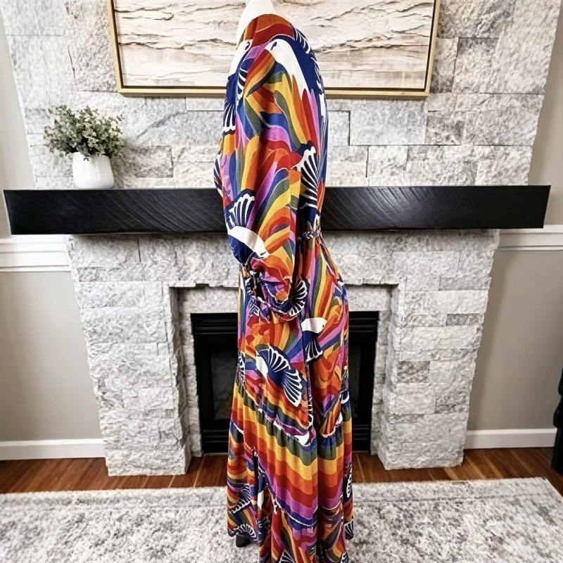Printed V-Neck Short Sleeve Maxi Dress