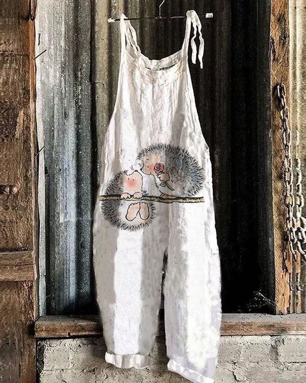 Women's Printed Cotton-Linen Cami Jumpsuit Sleeveless Wide-Leg Beach Romper