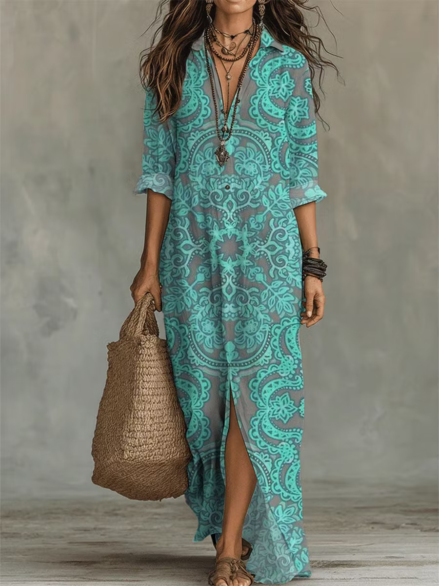 Bohemian V-Neck Midi Dress Short Sleeve A-Line Geometric Print