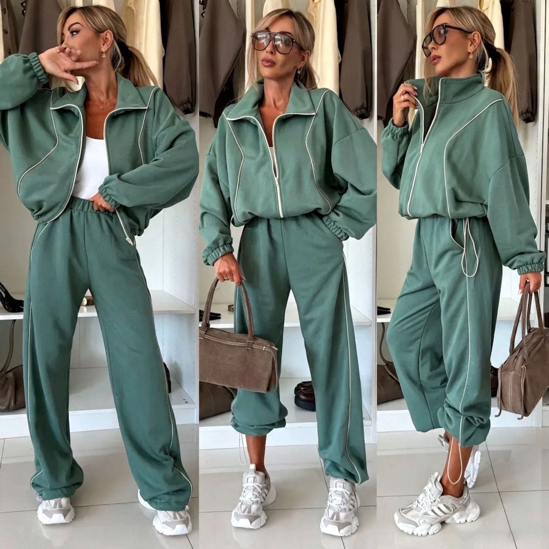 Striped Color-Block Long-Sleeve Stand-Collar Jacket & Pants Two-Piece Set