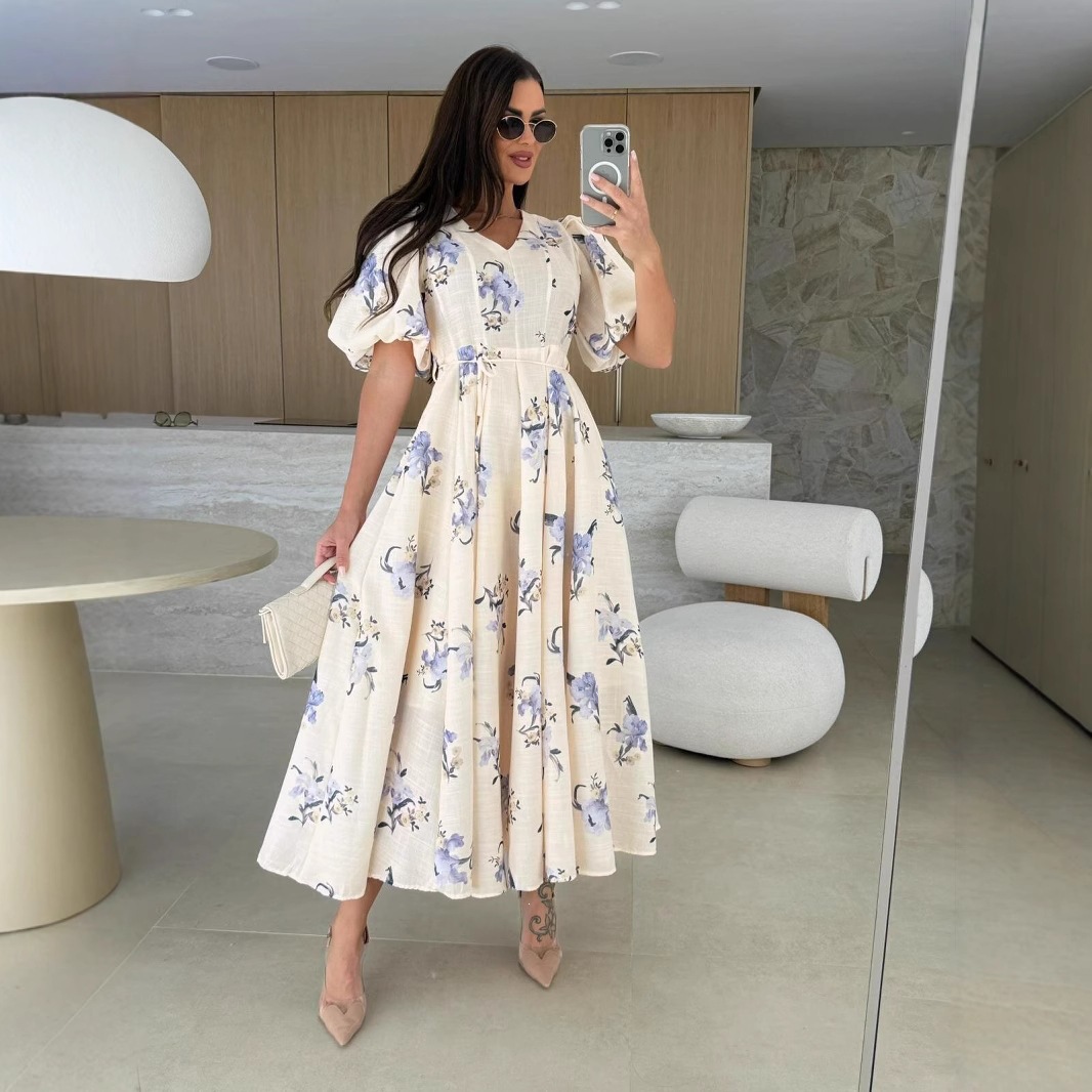 Women's Summer V-Neck Short Sleeve Floral Print Tie-Waist Maxi Dress