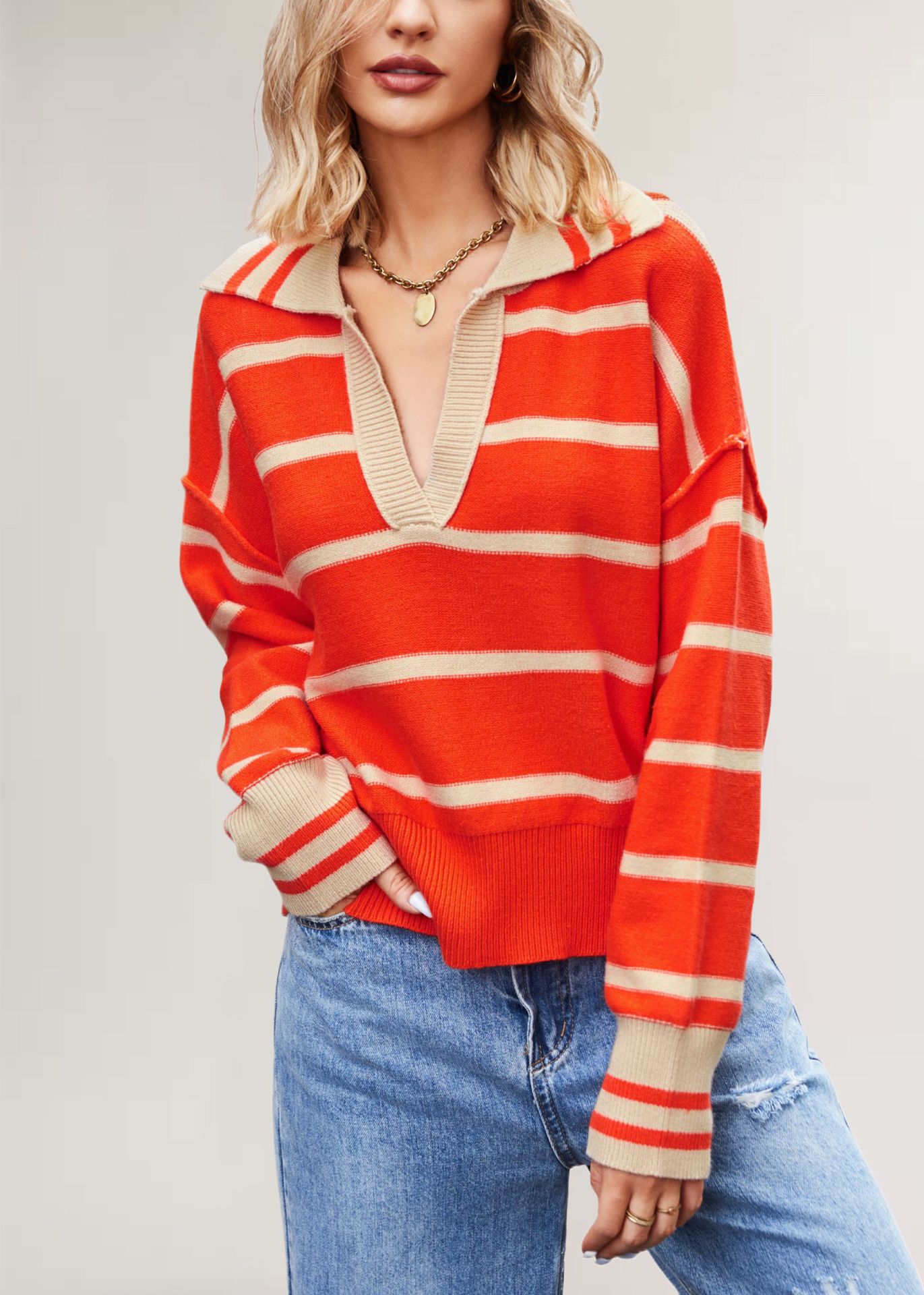 V-Neck Striped Colorblock Loose Knit Sweater