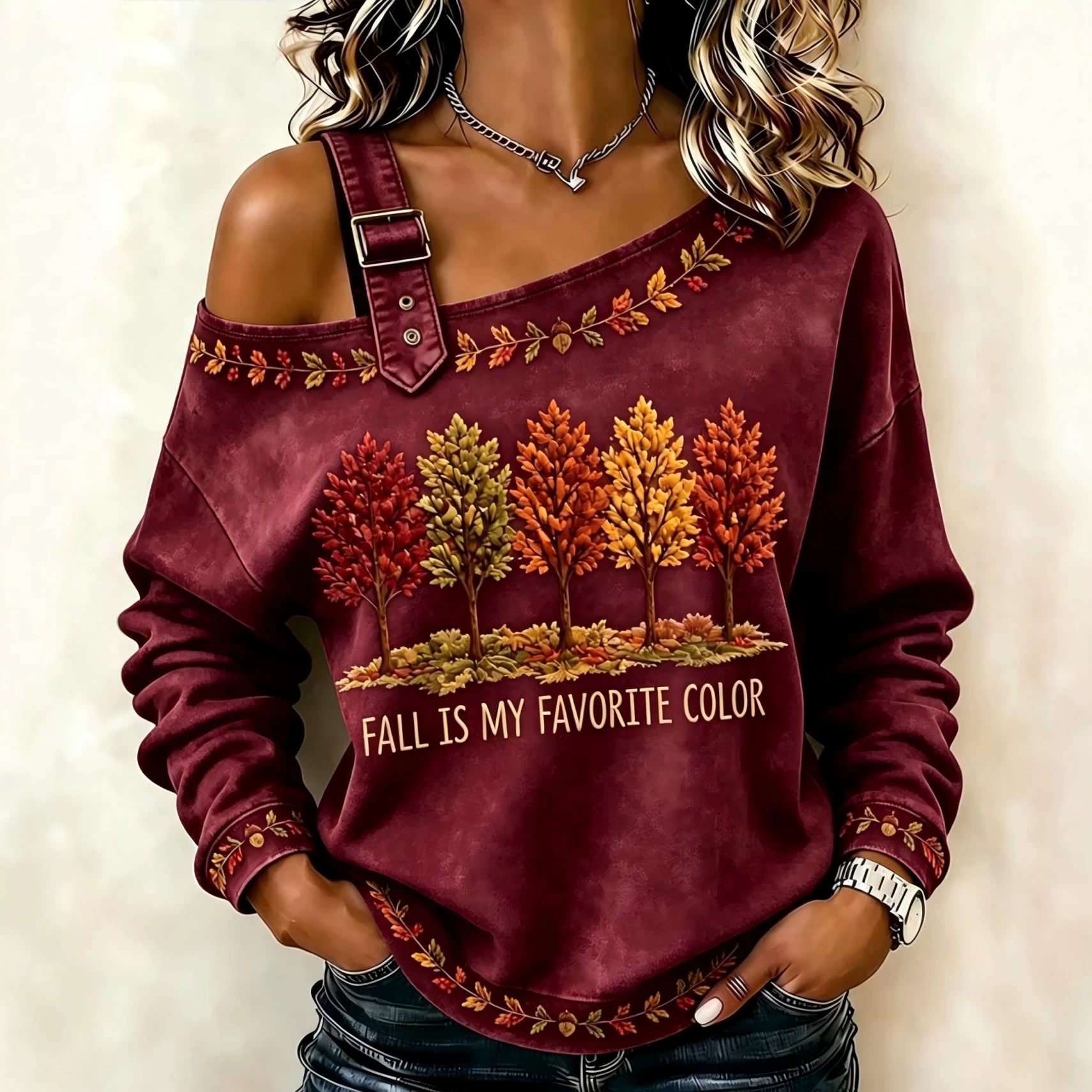 Maple Leaf Letter Floral Print Crewneck Long Sleeve Lace-Up Sweatshirt