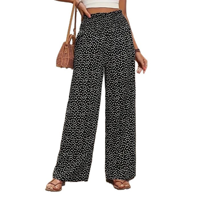 Boho Wide-Leg Pants with Polka Dot Print and Elastic Waist