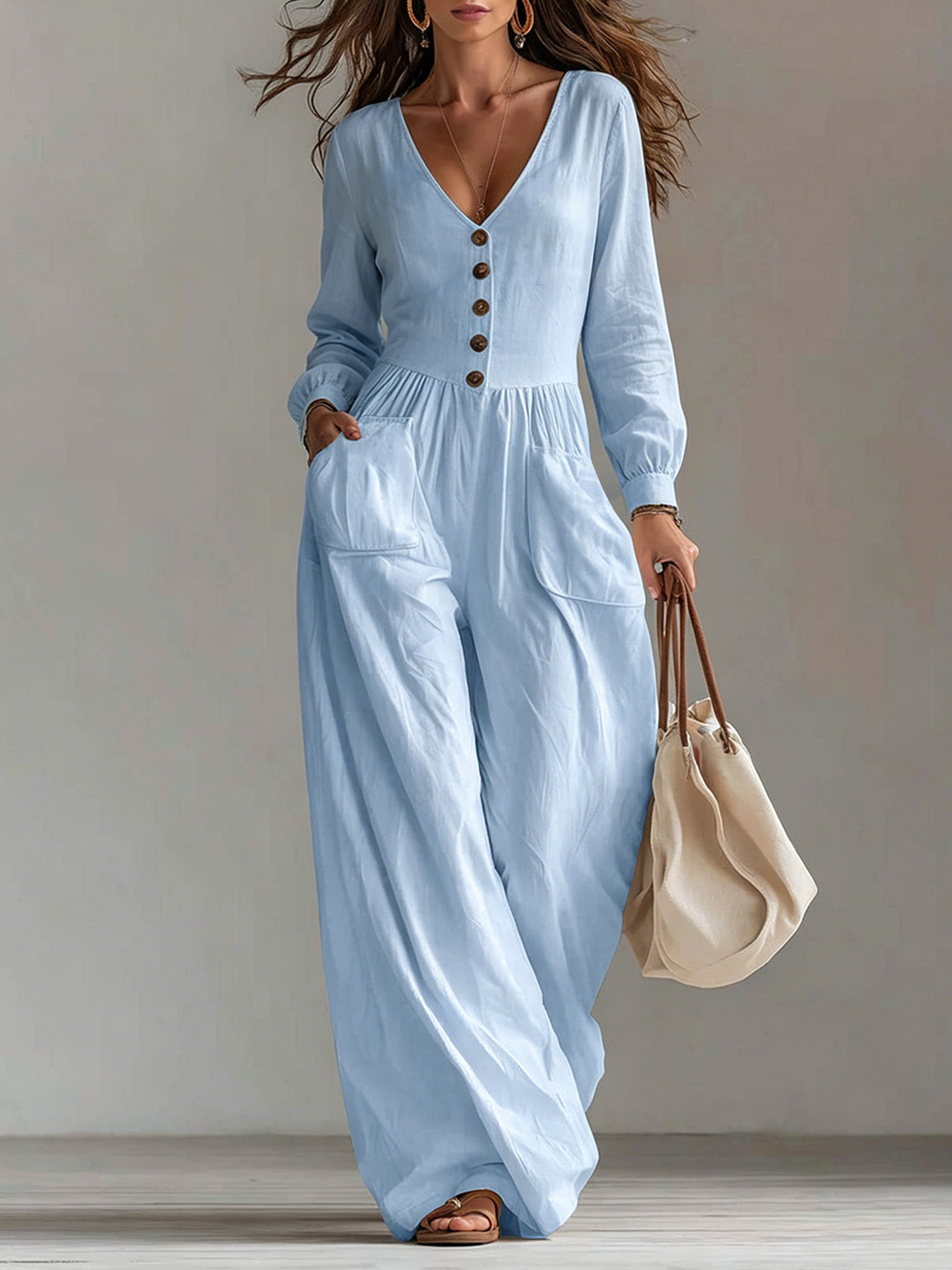 Women's V-Neck Long Sleeve Wide Leg Jumpsuit with Pockets Casual