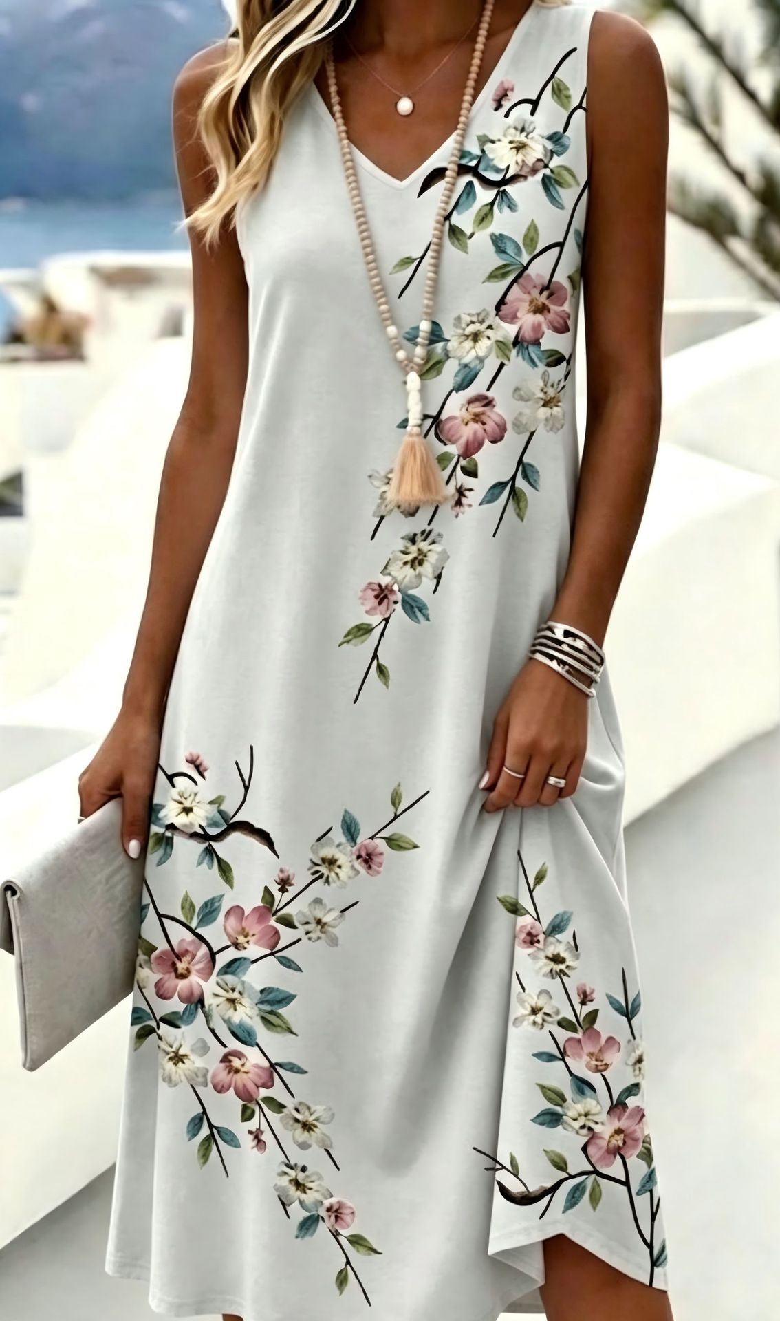 Women's Floral Print Deep V-Neck Bodycon Midi Dress Sleeveless Casual