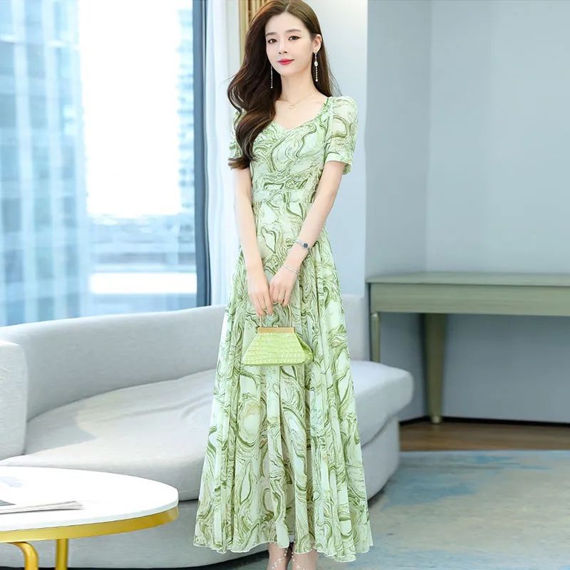 Floral Midi Dress Short Sleeve Square Neck Slimming A-Line