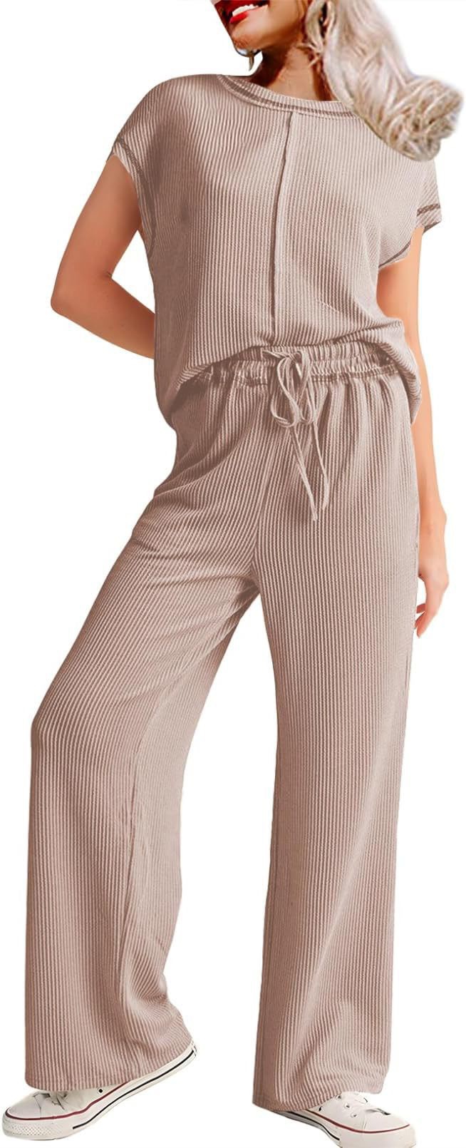 Women's 3/4 Sleeve Two-Piece Pants Set Casual Loose Slimming Long Pants