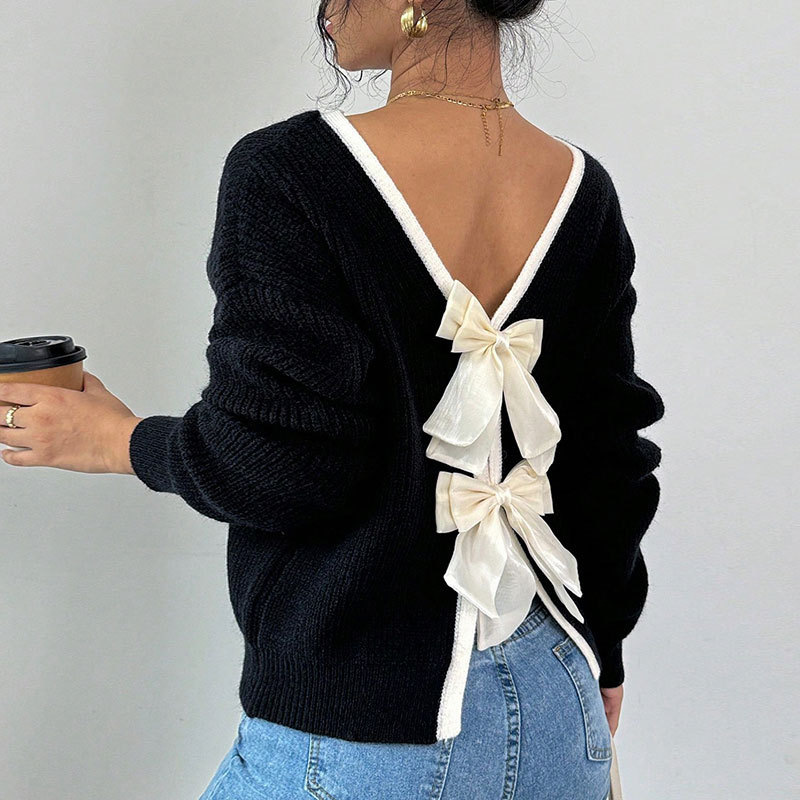 Women's Back Bow Crewneck Pullover Knit Sweater