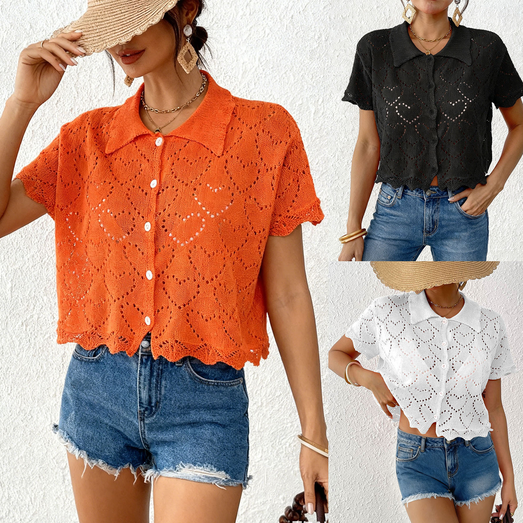 Women's Open Front Cardigan Heart Jacquard Knit Polo Top