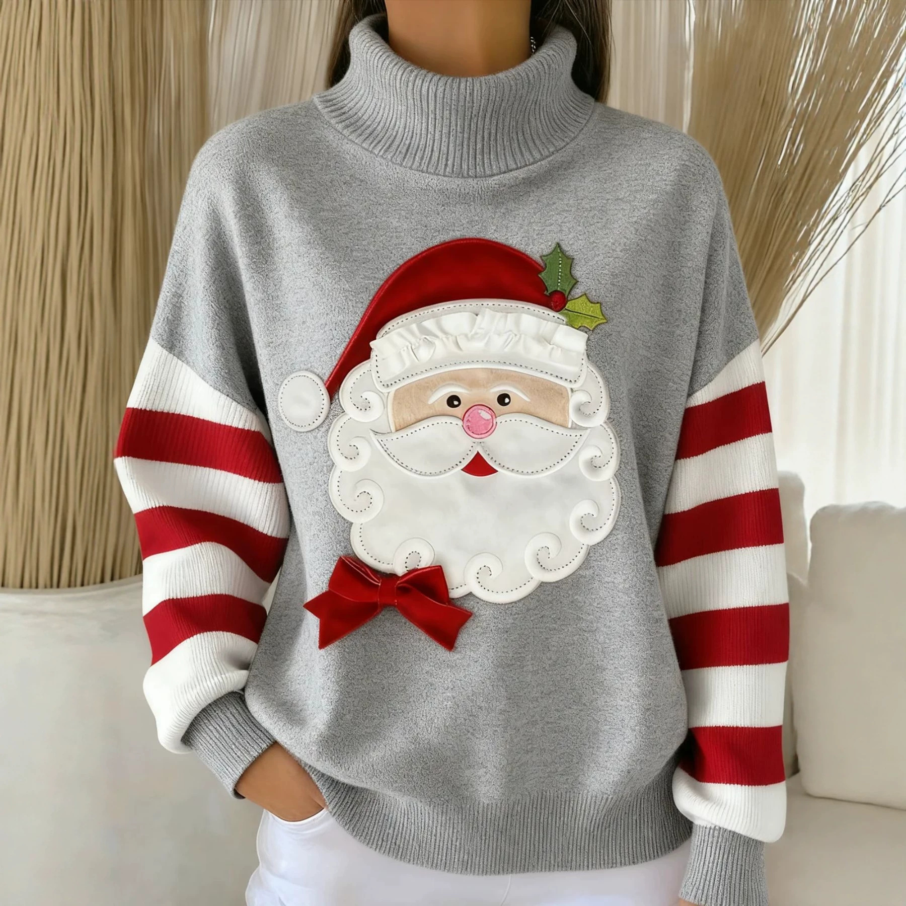 Women's Christmas Santa Striped Print Turtleneck Sweater