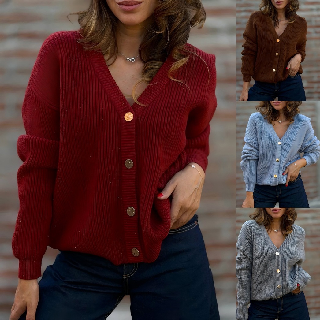 V-Neck Slimming Knit Cardigan Women's Long Sleeve Solid Button-Up Sweater