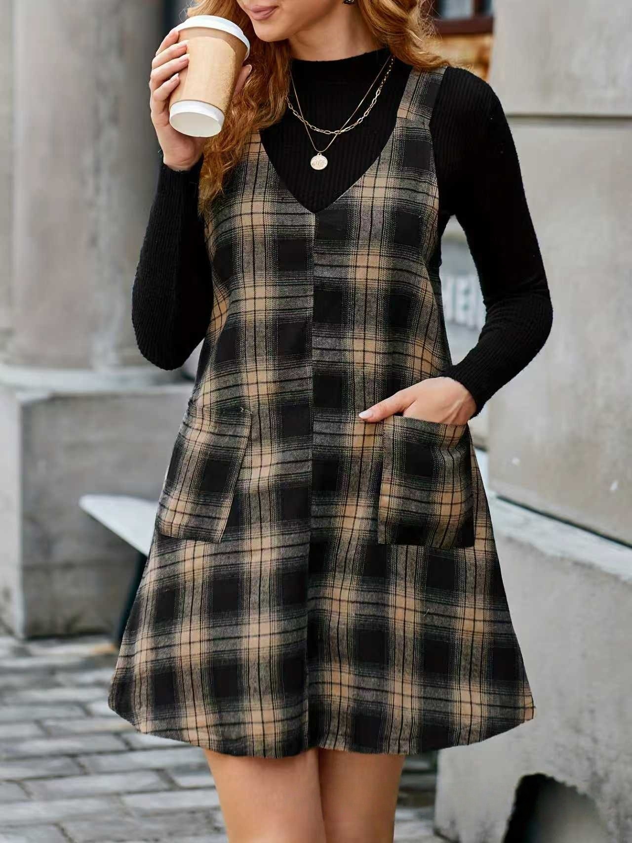 Corduroy V-Neck Pinafore Dress with Pockets