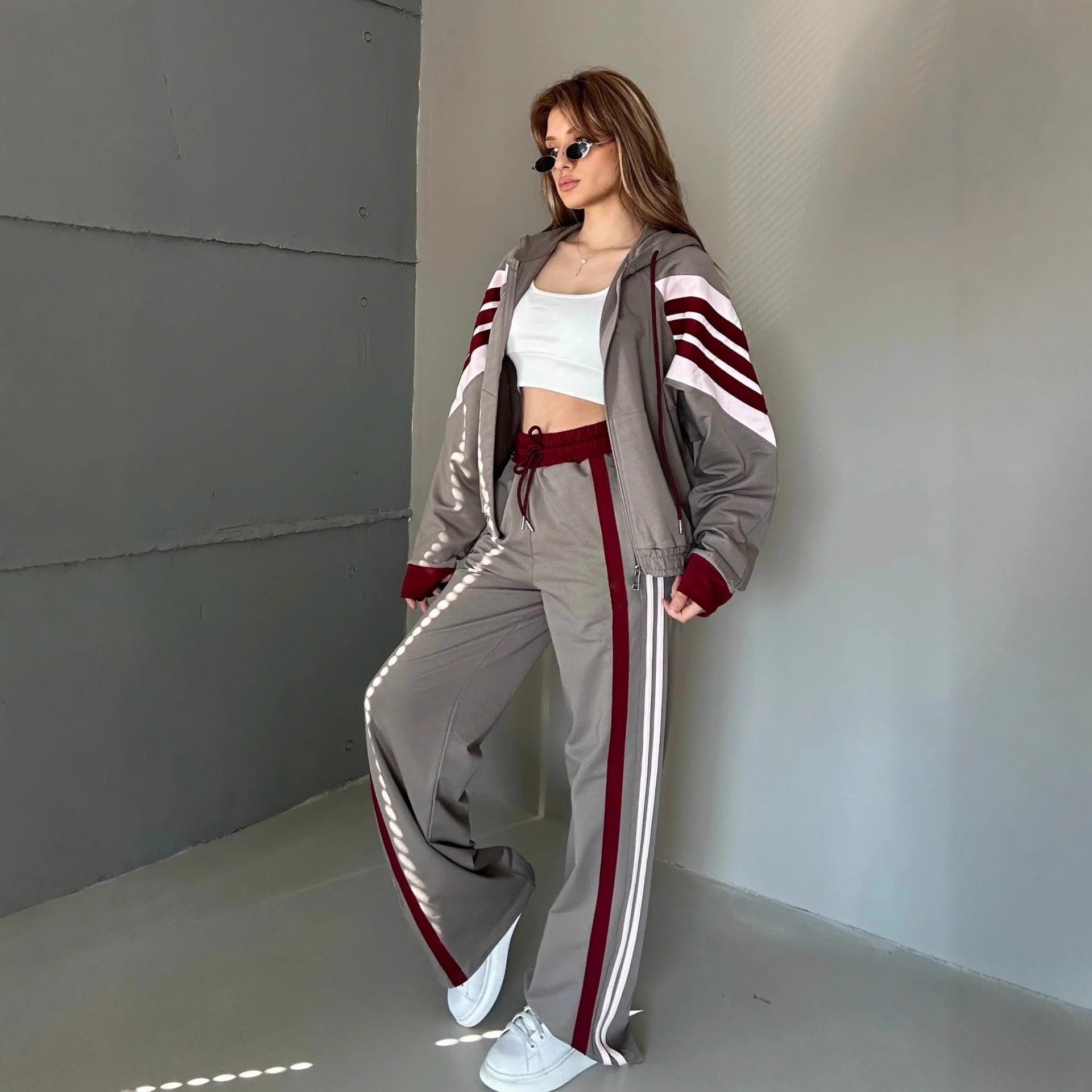 Women's Striped Colorblock Zip Cardigan and Tie Pants Two-Piece Set