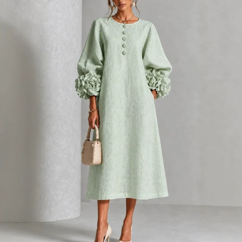 French 3D Floral Lantern Sleeve Midi Dress