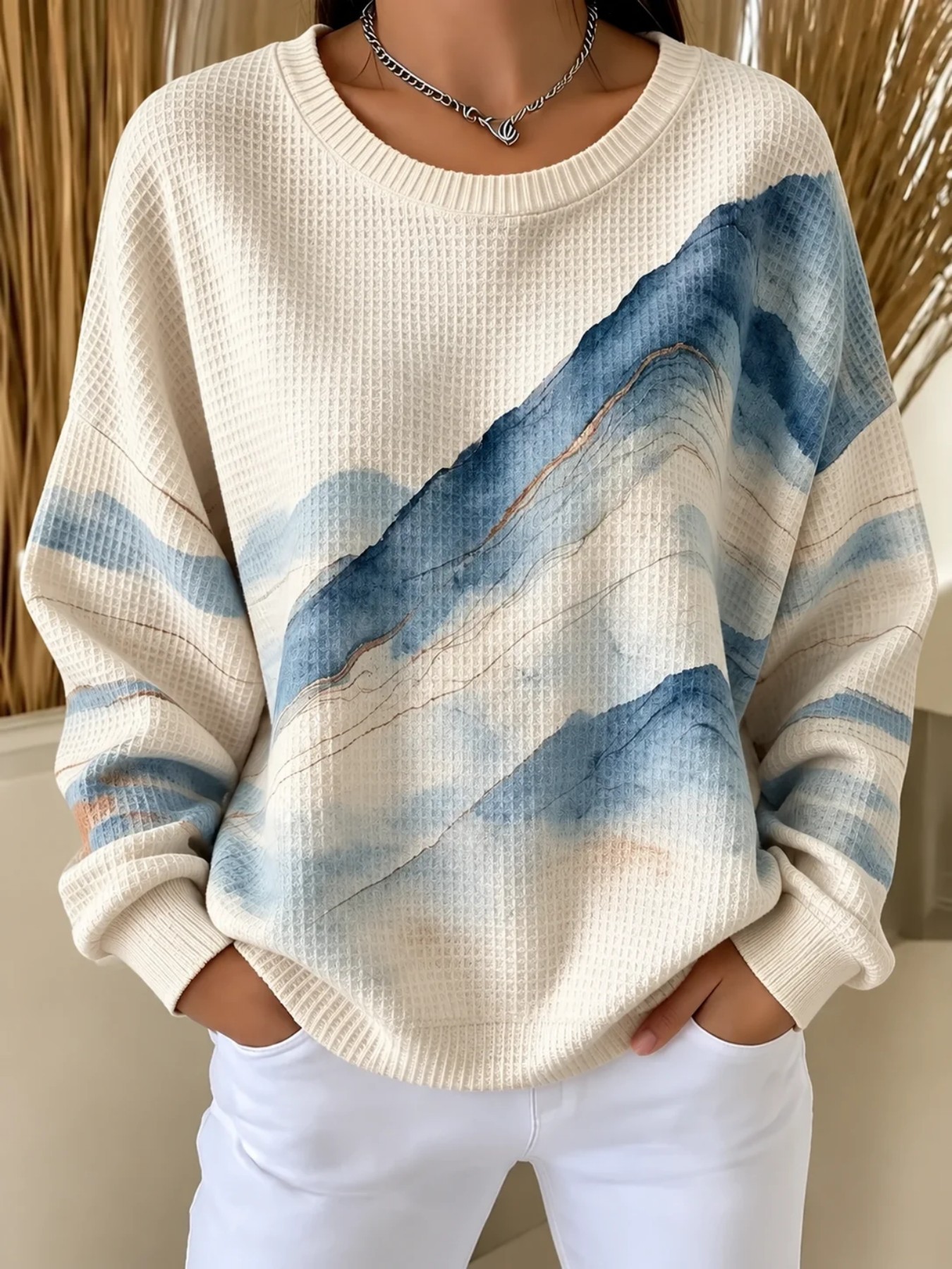 Landscape Line Print Crewneck Long Sleeve Pullover Sweatshirt