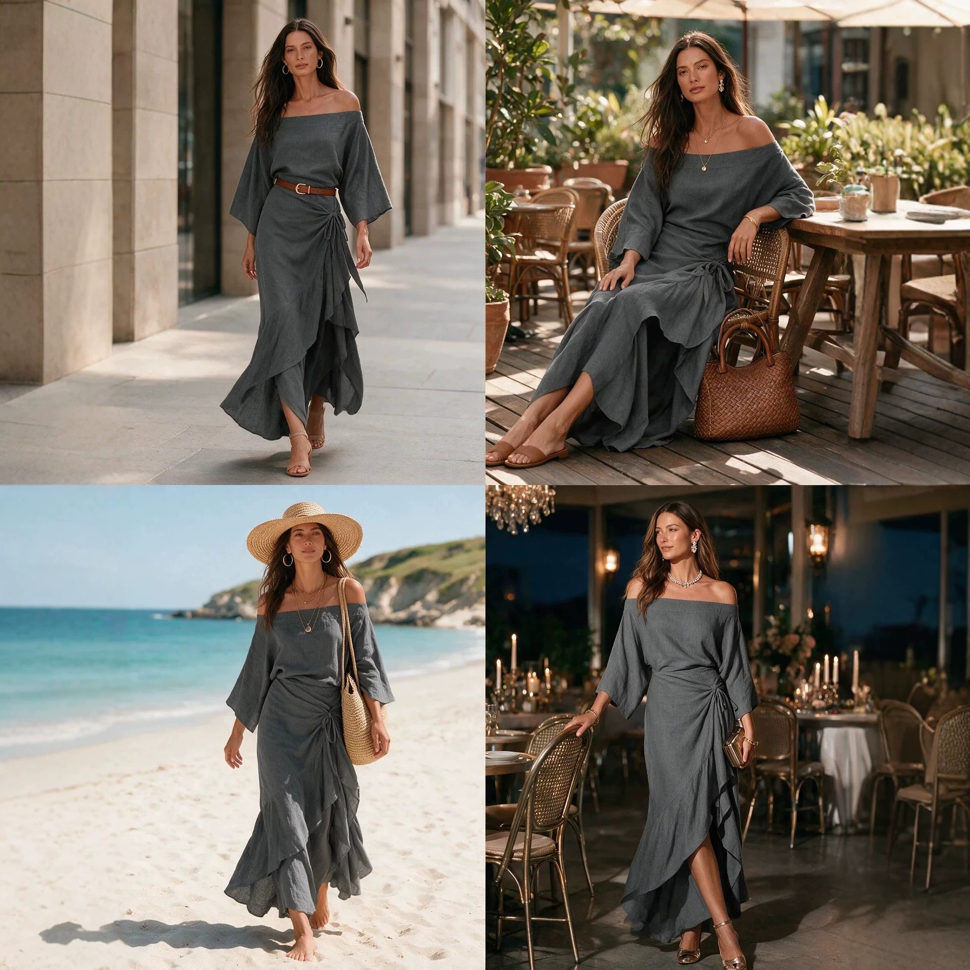 French Off-Shoulder Linen-Blend Maxi Dress with Ruffles and Asymmetric Hem
