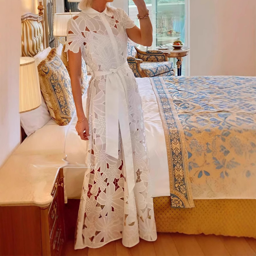 Women's Lace Cardigan Dress Solid Color Single-Breasted Shirt Dress