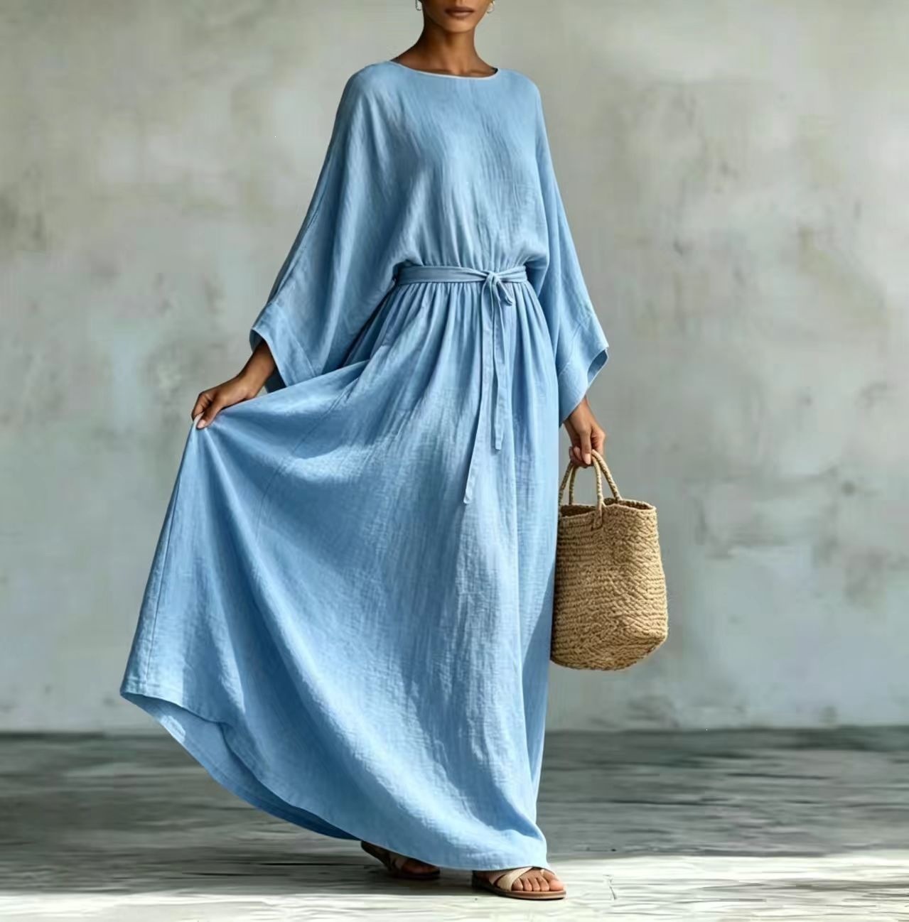 Lazy Style Cotton-Linen Tie-Waist Wide-Sleeve Maxi Dress
