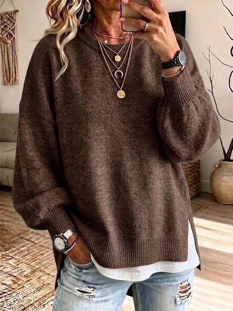 Women's Crewneck Sweater with Split Hem Loose Knit Pullover