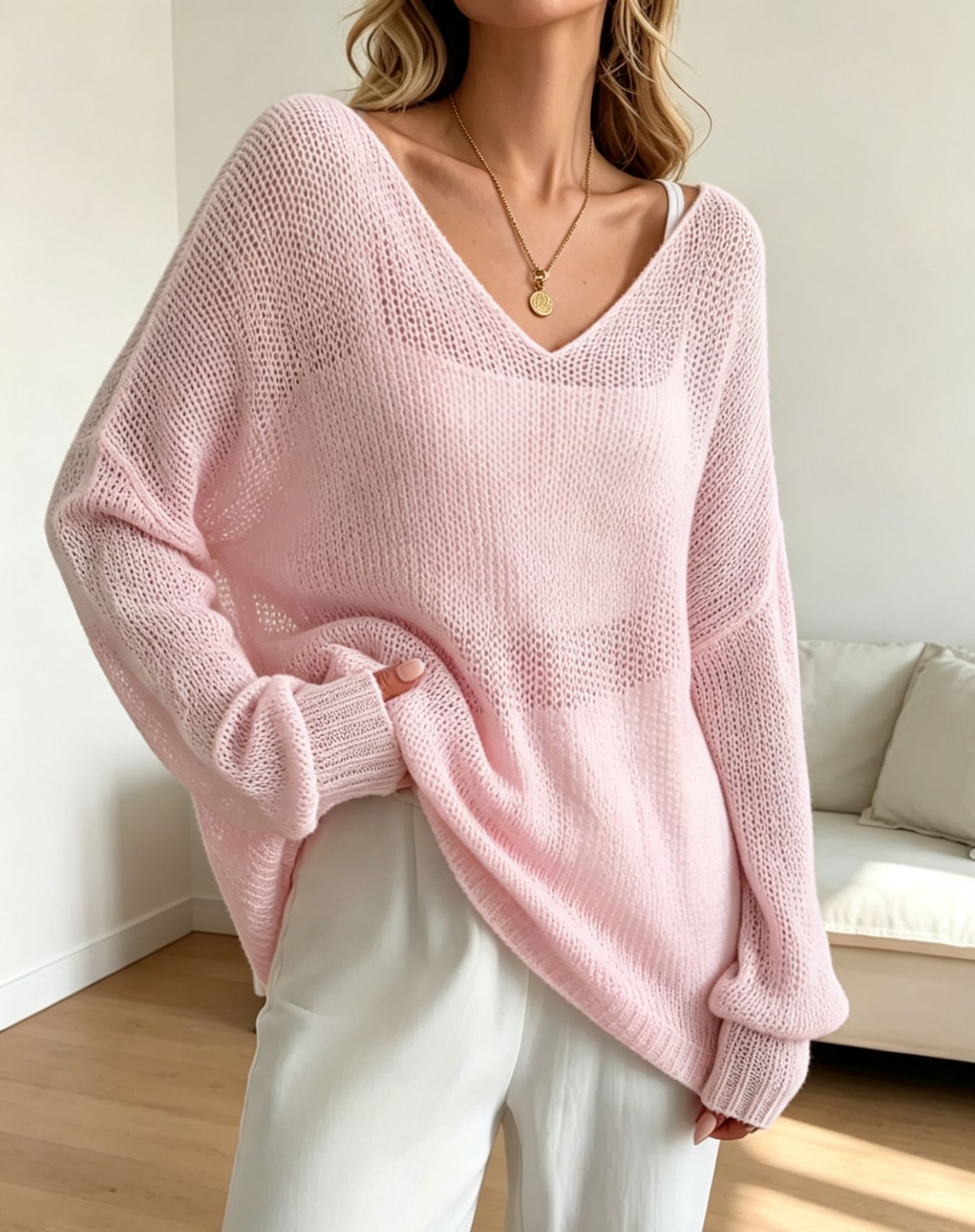 Women's Open Knit V-Neck Bell Sleeve Top
