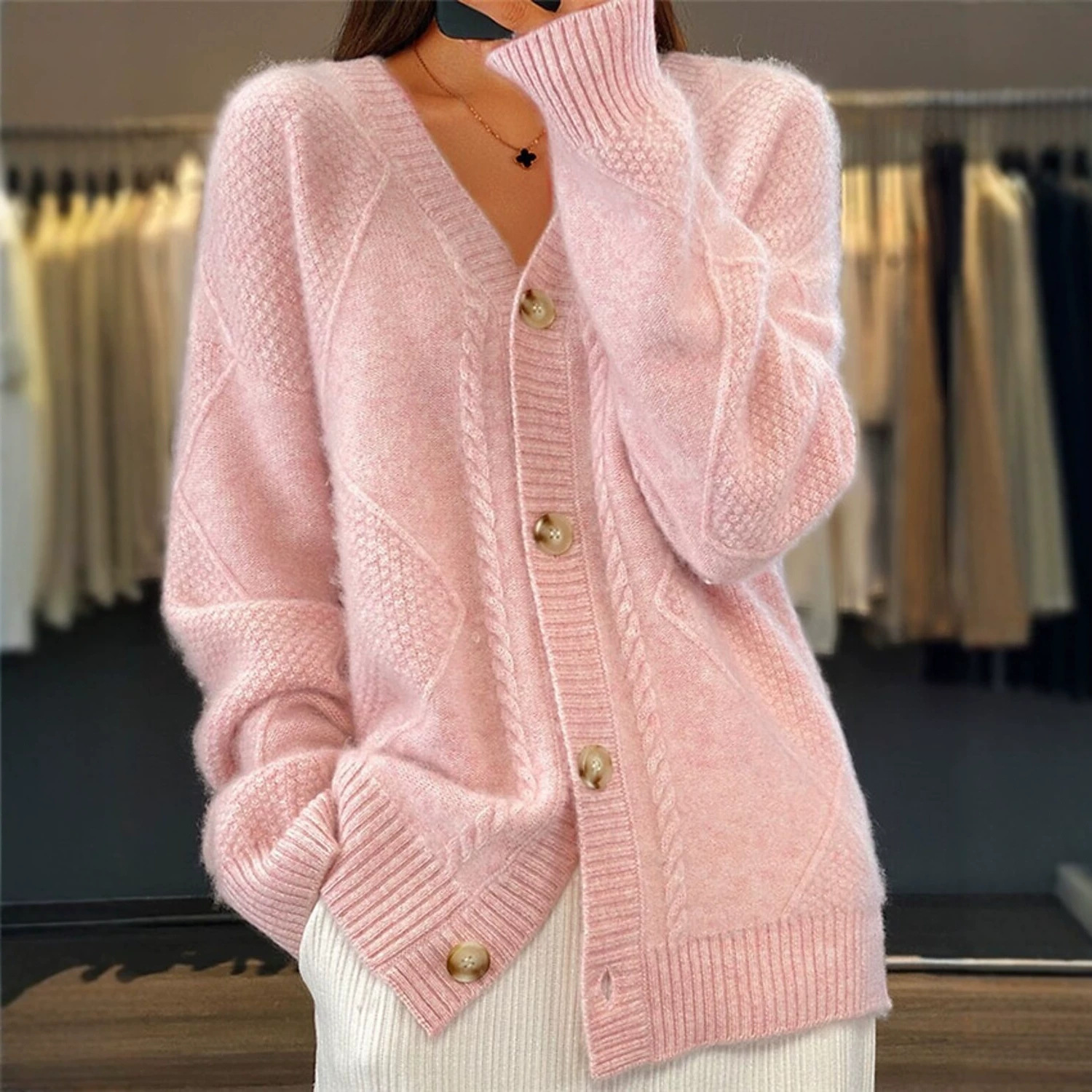 Solid V-Neck Button-Front Knit Cardigan Long Sleeve Women's